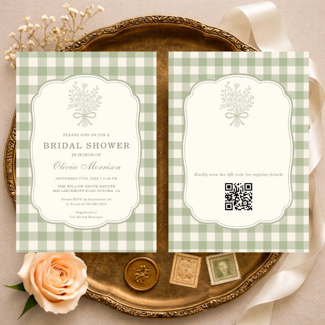 Convites QR Code Sage Green Gingham Floral Bridal Shower (Criador carregado)