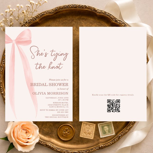 Convites QR Code She's Tying the Knot Bow Bridal Shower (Criador carregado)