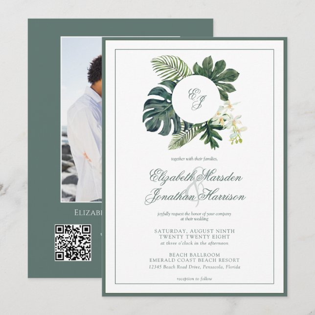 Convites QR Code Tropical Monstera Orchids Monograma Foto (Frente/Verso)