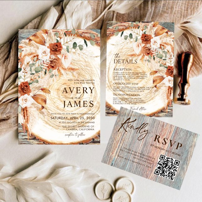 Convites QR Code Wedding Invitation Boho Pampas Wood Slice  (Criador carregado)