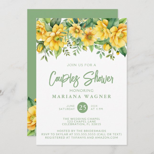 Convites QR Code Yellow Sage Floral Couples Shower  (Frente/Verso)
