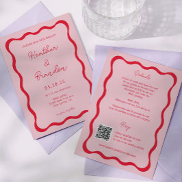 Convites QR de Casamento de Onda Vermelha e Rosa R