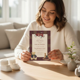 Convites QR Plaid Teddy Bear Toy Car Baby Shower Invitation