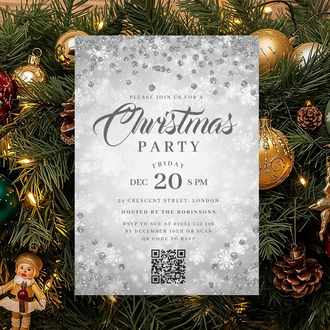 Convites QR Silver Winter Diamonds Glitter Christmas Party (QR Silver Winter Diamonds Glitter Christmas Party Invitation)