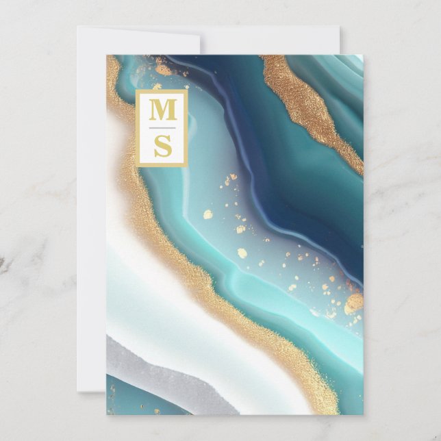 Convites *~ QR TEAL Monograma AR66 RSVP Agate Wedding (Frente)