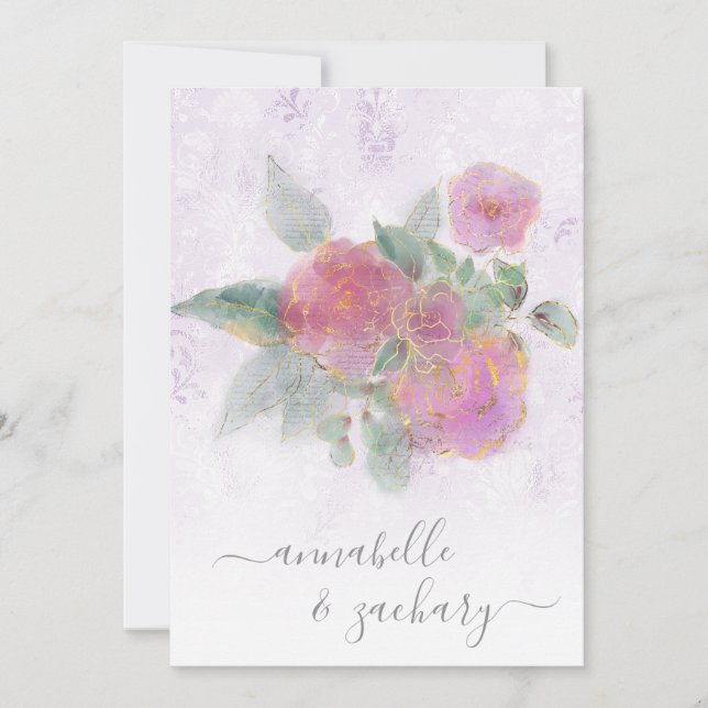 Convites *~* QR Violet Damask RSVP Rosa AR12 Casamento Invi (Frente)