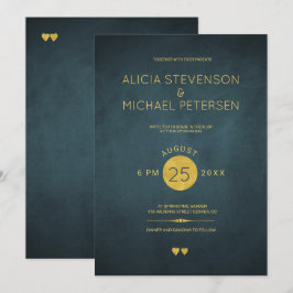 Convites Quadrado azul-marinho clássico e casamento dourado