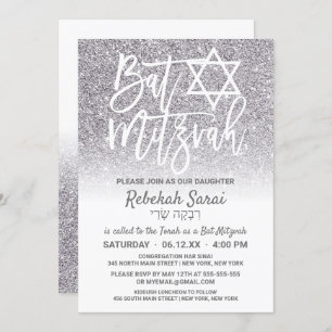 Convites Quadrado Branco, Faux Glitter Ombre Bat Mitzvah