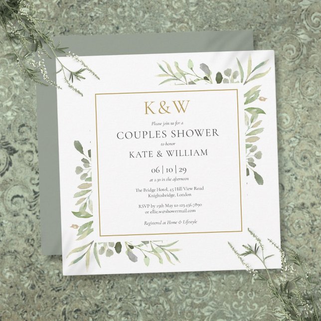 Convites Quadrado de Chuva de Casais Monograma Dourado Chic (Chic Gold Monogram Greenery Couples Shower Square Invitation)