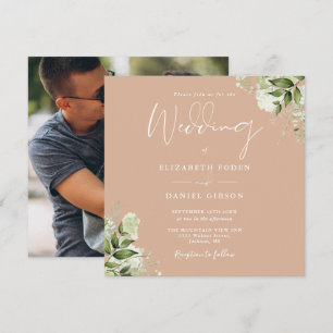 Convites Quadrado de Foto Floral de Verdura Marrom Casament