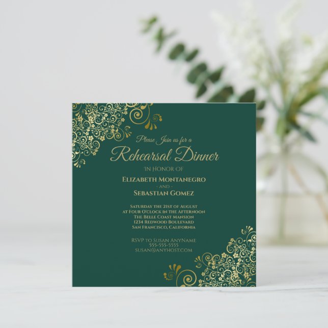 Convites Quadrado de Janto de Casamento Dourado e Verde (Em pé/Frente)