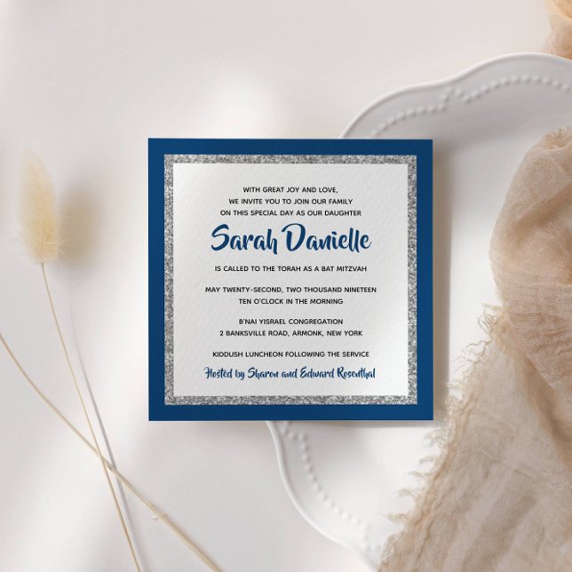 Convites Quadrado de Prata Azul do Bat Mitzvah Marinho (Criador carregado)