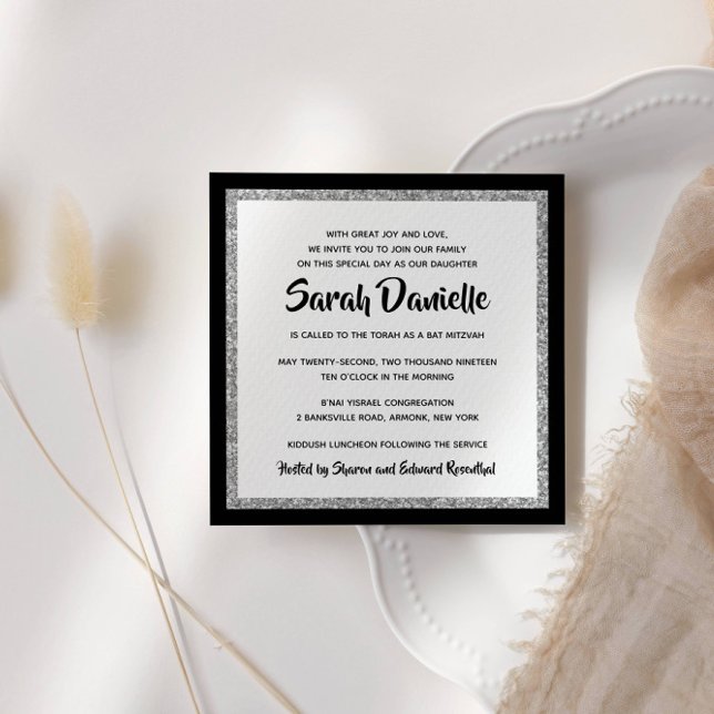 Convites Quadrado Preto de Prata Mitzvah Bat (Criador carregado)