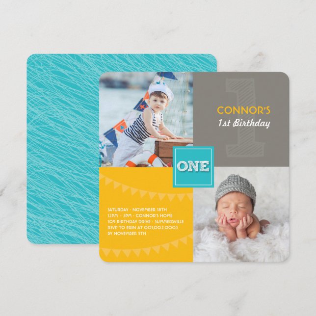 Convites Quadrados Modernos Divertidos Um Foto Menino Anive (Frente/Verso)