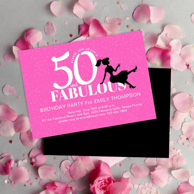 Convites Quadrícula rosa 50ª Festa de aniversário personali (50th Birthday party hot pink and black invitations. )