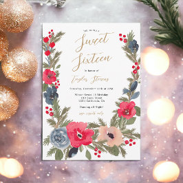 Convites Quadrícula russa Winter Floral Watercolor Sweet 16