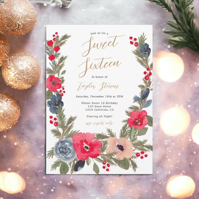 Convites Quadrícula russa Winter Floral Watercolor Sweet 16 (Rustic chic Winter Floral Watercolor Sweet 16 Invitation)