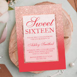 Convites Quadrinho vermelho brilhante rosa, cor azul doce 1<br><div class="desc">Um moderno,  bonito e elegante chá glitter rosa dourado mbre com bloco de cor vermelha convite de aniversário Sweet 16 com padrão rosa-dourado ombre desaparecendo sobre um fundo vermelho com uma elegante armação rosa dourada Perfeito para uma princesa Doce 16.</div>