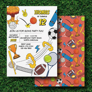 Convites Quadrinhos Retro Esportes Bolas Atléticas Aniversá