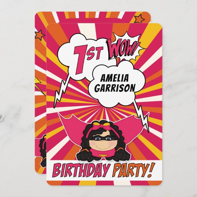 Convites Quadrinhos Rosa Super-Herói do Partido primeiro an (Frente/Verso)