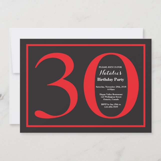 Convites Quadro aniversário de 30 anos vermelho e preto (Frente)