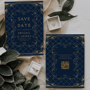 Convites Quadro Antigo Azul Marinho Dourado Casamento Salve