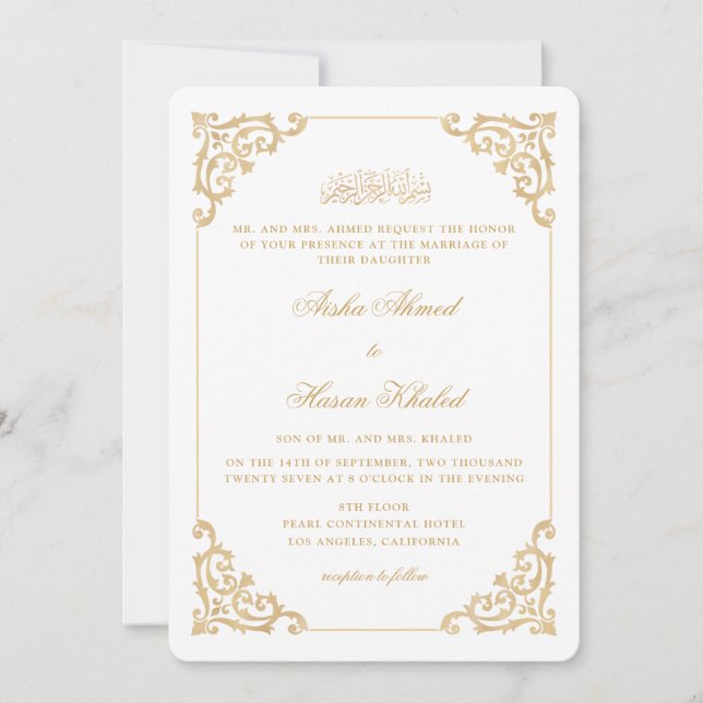 Convites Quadro Antigo Barroco Dourado Branco Casamento Muç (Frente)