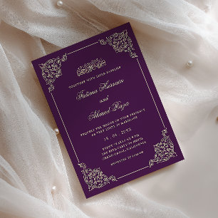 Convites Quadro Antigo Dourado Violeta Roxo Casamento Muçul