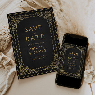 Convites Quadro Antigo Preto Dourado Casamento Salve a Data