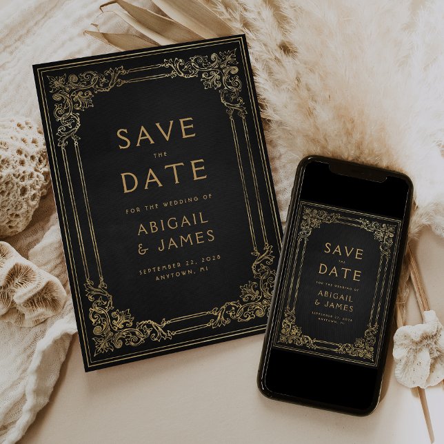 Convites Quadro Antigo Preto Dourado Casamento Salve a Data (Criador carregado)