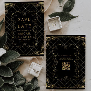 Convites Quadro Antigo Preto Dourado Casamento Salve a Data