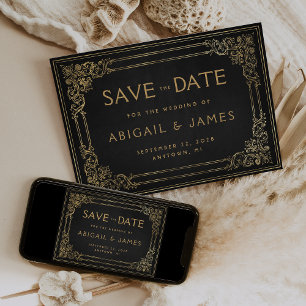 Convites Quadro Antigo Preto Dourado Casamento Salve a Data