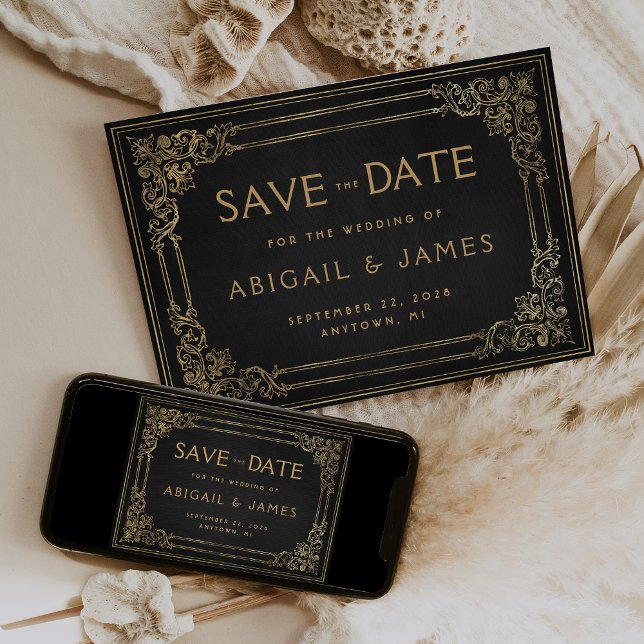 Convites Quadro Antigo Preto Dourado Casamento Salve a Data (Criador carregado)