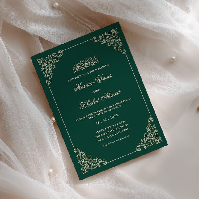 Convites Quadro Barroco a Ouro Verde Esmeralda Casamento Mu (Criador carregado)
