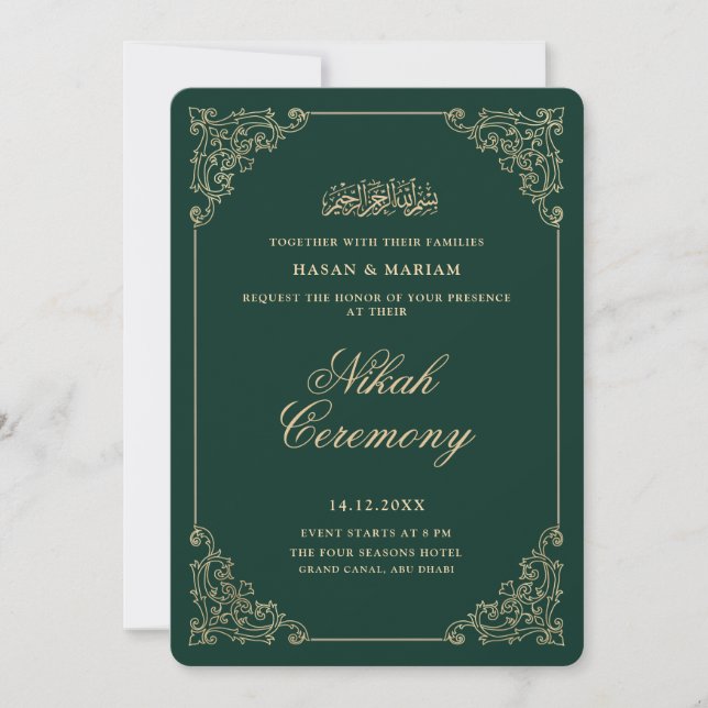 Convites Quadro Barroco Antigo Cerimônia de Nikah Esmeralda (Frente)