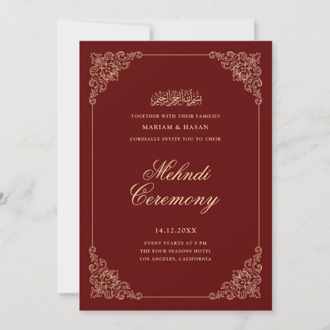 Convites Quadro Barroco Antigo Vermelho Borgonha Cerimônia  (Frente)