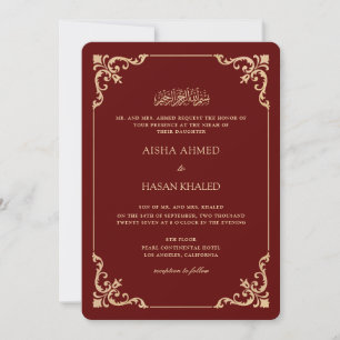 Convites Quadro Barroco Dourado Cerimônia de Nikah Burgundy