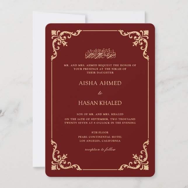Convites Quadro Barroco Dourado Cerimônia de Nikah Burgundy (Frente)