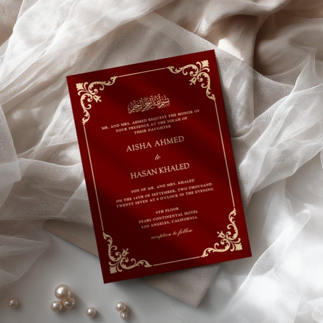 Convites Quadro Barroco Dourado Cerimônia de Nikah Burgundy (Criador carregado)