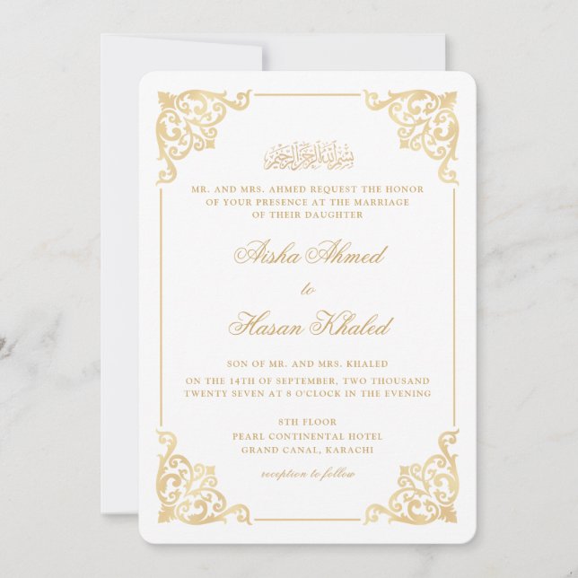 Convites Quadro Barroco Vitoriano Dourado Branco Casamento  (Frente)