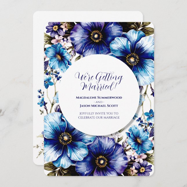 Convites Quadro Branco Círculo Azul Roxo Fundo Floral (Frente/Verso)