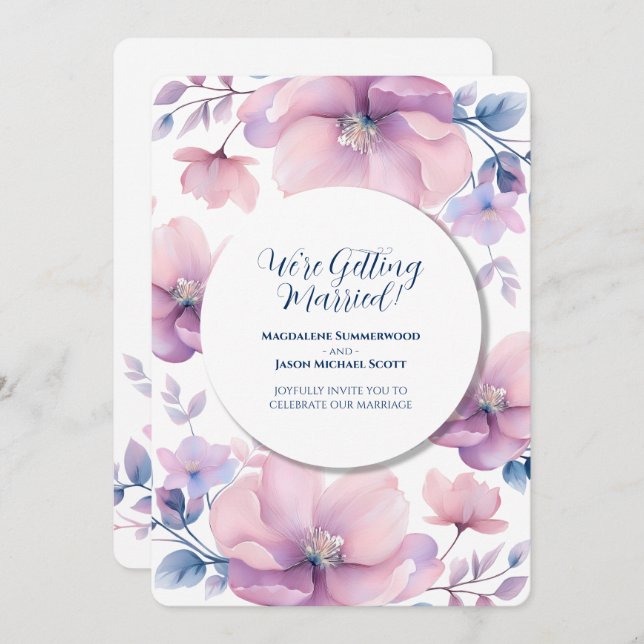 Convites Quadro Branco Círculo Azul Roxo Fundo Floral (Frente/Verso)