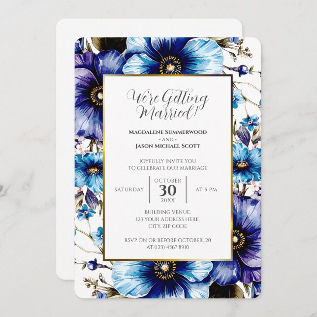 Convites Quadro Branco Dourado Fundo Floral Azul Roxo (Frente/Verso)