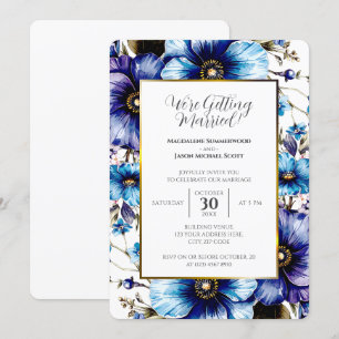 Convites Quadro Branco Dourado Fundo Floral Azul Roxo