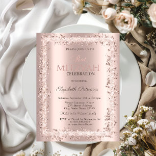 Convites Quadro Brilhante Chic Rosa Dourado Bat Mitzvah