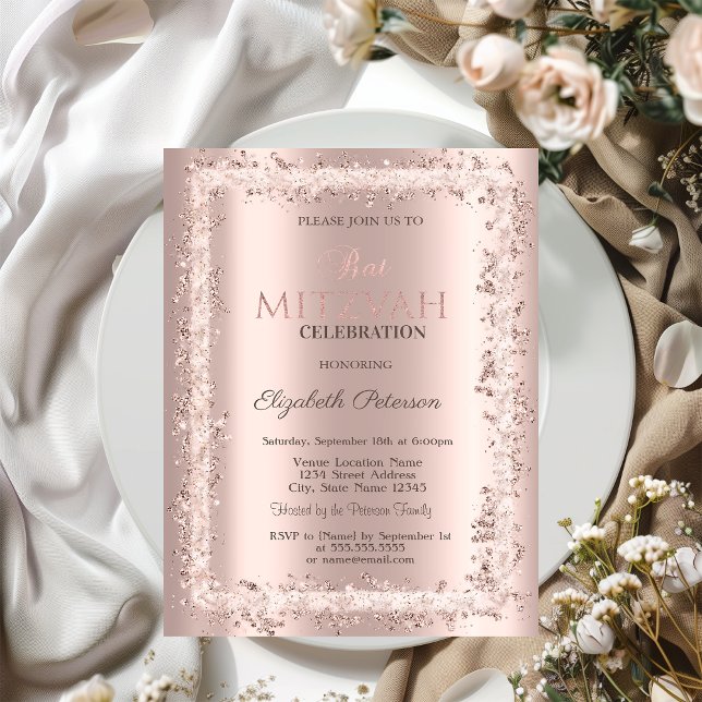 Convites Quadro Brilhante Chic Rosa Dourado Bat Mitzvah  (Criador carregado)