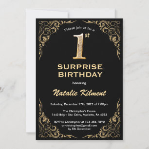 Convites Quadro brilhante Dourado e preto-e-primeiro aniver