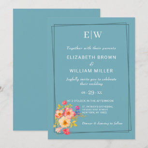 Convites Quadro com Rosas, estilo de casamento em azul retr