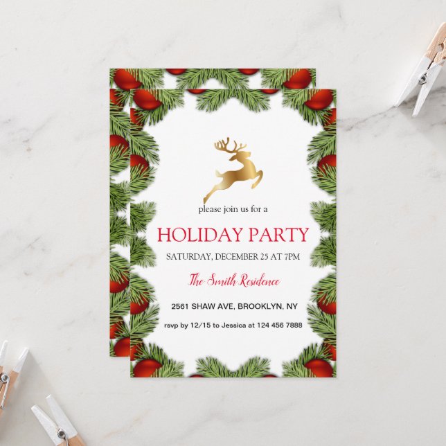 Convites Quadro da árvore de Natal, renas ouros (Frente/Verso In Situ)