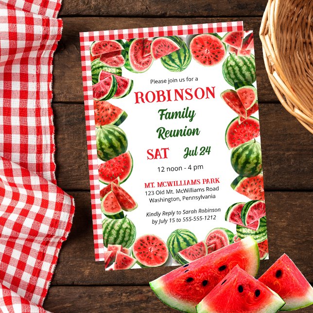 Convites Quadro das Melancias de Verão | Controla a união f (Fresh Summer Watermelons Frame | Red and White Gingham Checks Family Reunion Invitation)